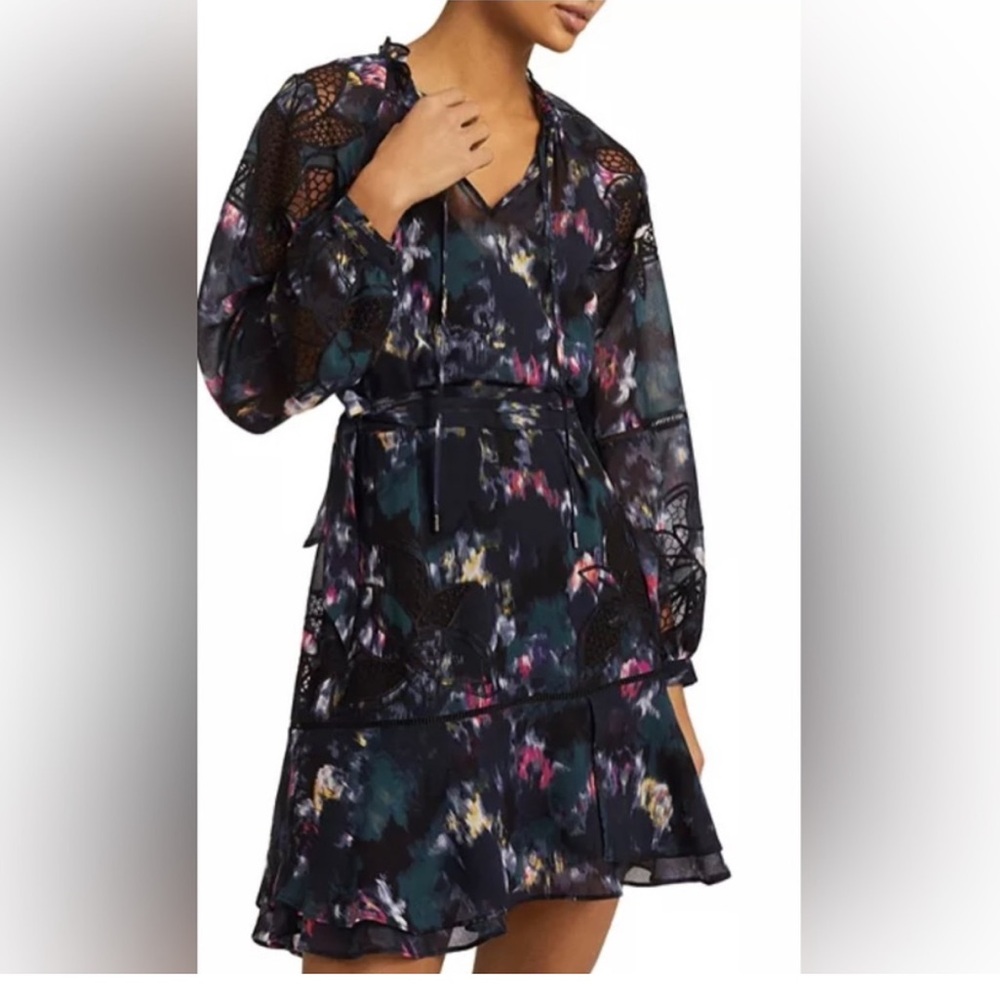 Reiss Black Floral Print Mini Dress with Teal and Pink Accents